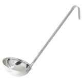 A shiny 12 oz stainless steel ladle with a deep, round bowl and a long, straight handle ending in a hook for hanging. The TableCraft ladle is angled to show both the bowl and the handle clearly against a white background.