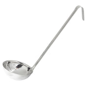 A shiny 12 oz stainless steel ladle with a deep, round bowl and a long, straight handle ending in a hook for hanging. The TableCraft ladle is angled to show both the bowl and the handle clearly against a white background.