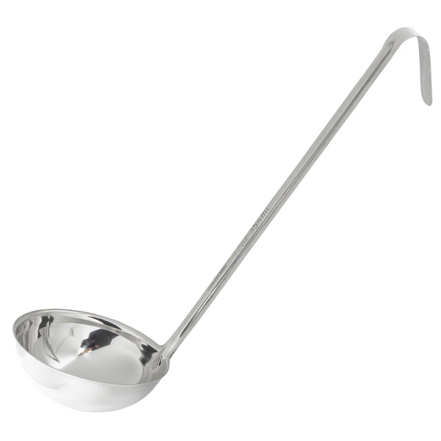A shiny 12 oz stainless steel ladle with a deep, round bowl and a long, straight handle ending in a hook for hanging. The TableCraft ladle is angled to show both the bowl and the handle clearly against a white background.