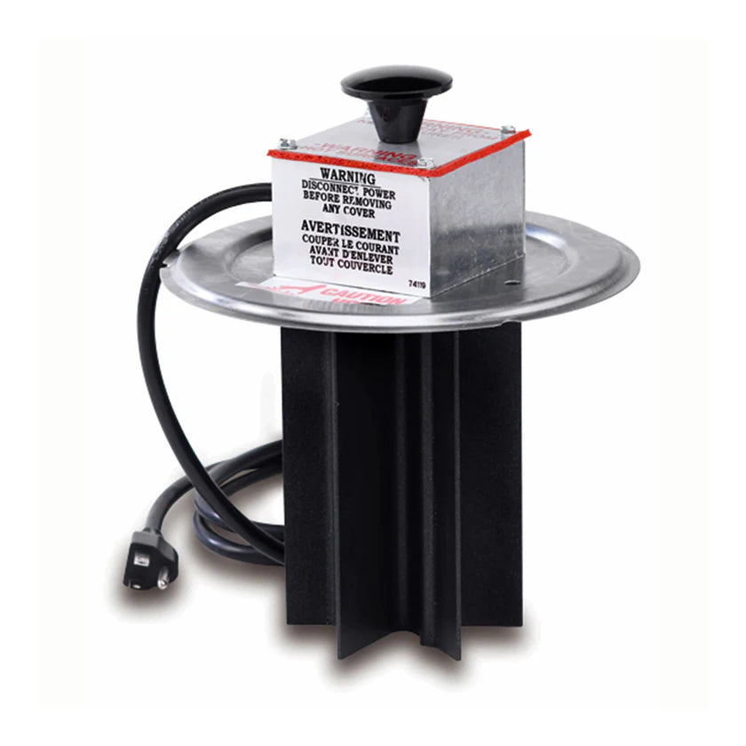 A metal electric heater unit with a circular silver flange, black finned heating element below, and a warning label on top. Featuring heavy duty non-stick coating, it's ideal for use with #10 cans. The label includes safety instructions in English and French.