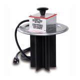 A metal electric heater unit with a circular silver flange, black finned heating element below, and a warning label on top. Featuring heavy duty non-stick coating, it's ideal for use with #10 cans. The label includes safety instructions in English and French.