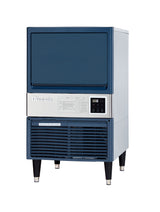A commercial undercounter ice machine with a blue front panel, digital control display, ventilation grill at the bottom, and four black legs. The brand name “Teinnow” appears above the display. Produces crescent style cube ice against a white background.