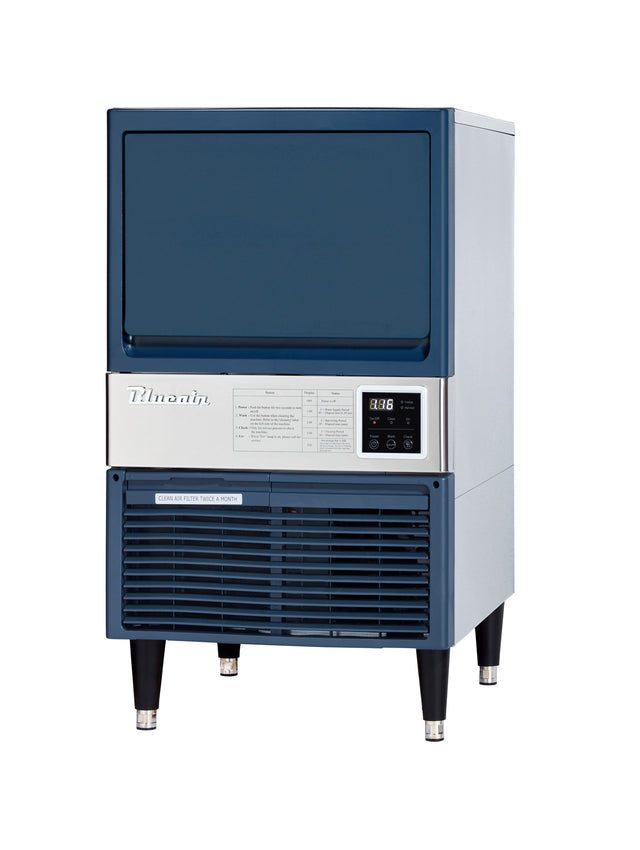 A commercial undercounter ice machine with a blue front panel, digital control display, ventilation grill at the bottom, and four black legs. The brand name “Teinnow” appears above the display. Produces crescent style cube ice against a white background.