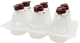 Eight clear salad dressing dispensers with maroon flip-top lids are arranged in two rows of four on a plastic tray with circular compartments to hold the bottles securely. Red text and measurement markings are printed on each dispenser.