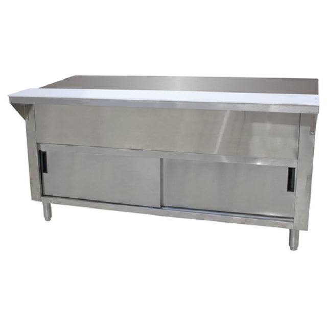 Advance Tabco STU-3-DR Solid Top Table 47-1/8"W X 30-5/8"D X 34-3/8"H 20 Gauge 302 Stainless Steel Top With 8"D X 3/8" Thick Poly Cutting Board