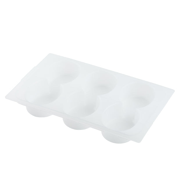 A white, rectangular plastic tray by TableCraft Products features six round, evenly spaced compartments for holding or molding food, ice, or crafts. The dishwasher safe design is perfect as a versatile dispenser holder. Image set against a plain white background.