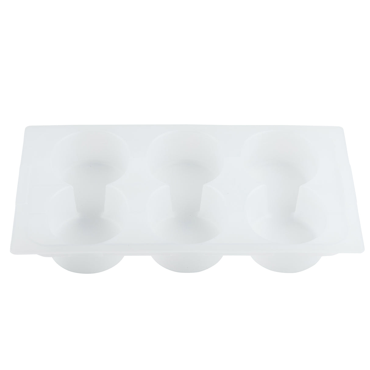 A translucent white plastic ice cube tray by TableCraft Products features six round, wine glass-shaped cavities with stems. This dishwasher safe tray is viewed from above on a plain white background.