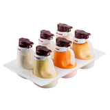 Six clear TableCraft Products dispensers with maroon pump lids sit in a white dispenser holder. Each dishwasher safe container holds a different salad dressing—ranch, blue cheese, thousand island, French, Italian, and Caesar—in various colors.
