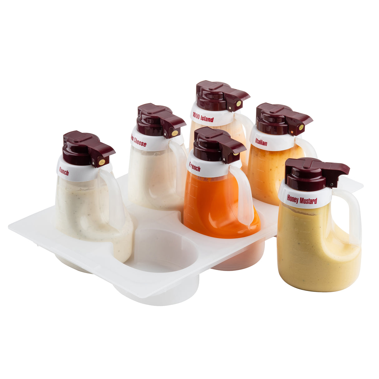 Six plastic TableCraft Products condiment dispensers with maroon lids sit in a white dispenser holder. Each is labeled for Ranch, Bleu Cheese, Thousand Island, French, Italian, and Honey Mustard. All parts are dishwasher safe.