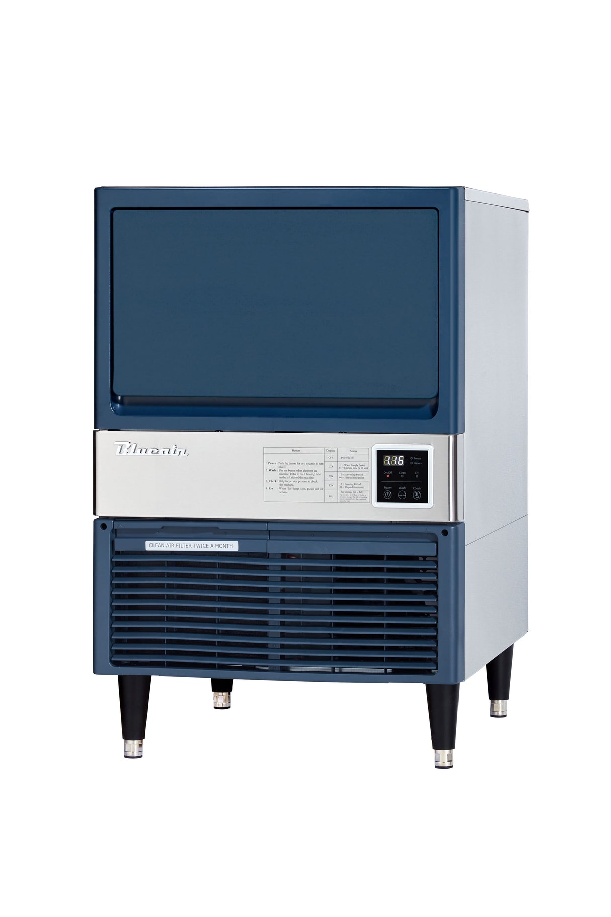 An undercounter ice machine with a blue front panel, digital display, and ventilation grilles at the bottom. It stands on four black legs and produces crescent style cubes, featuring a silver section with control buttons and a label against a white background.