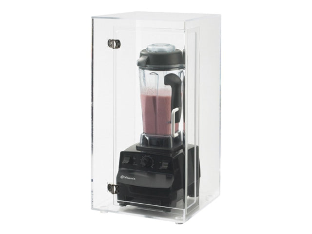 A black Vitamix blender with pink liquid inside sits in a Cal-Mil Blender Sound-Reduction Housing, a universal fit enclosure with metal hinges and a hinged door, photographed against a white background. It helps reduce noise during blending.