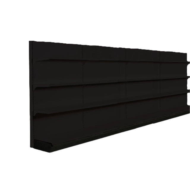 A black slatwall panel by Kent Unlimited is shown at an angle. This 192 inch wall storage solution features horizontal grooves for attaching shelves or hooks, offering solid construction and a matte finish for versatile display and organization.
