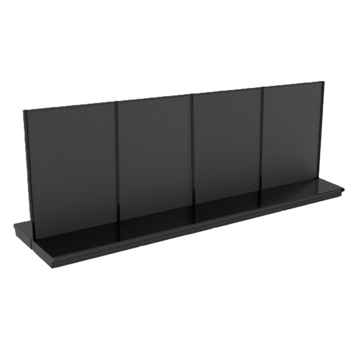 A long, empty black metal Kent Unlimited gondola retail shelving unit with four pegboard-style backing panels. Set against a plain white background, the shelf has no products or additional accessories attached.