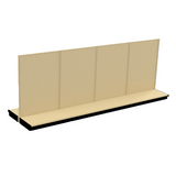A beige Kent Unlimited Gondola display shelving unit with a flat base and pegboard back panels. The empty structure has four vertical sections, stands on a black platform, and is set against a plain white background.
