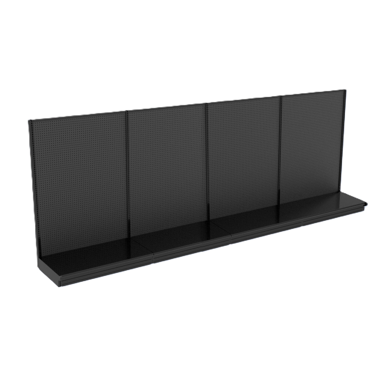 A black wall shelving retail display with four perforated back panels and a long flat base. Perfect as a versatile wall storage unit, it’s empty and set against a plain white background.