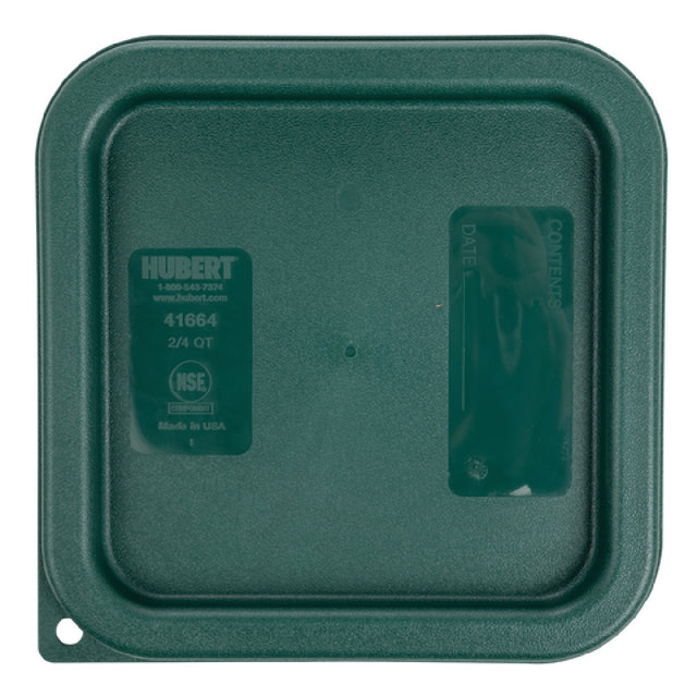 Hubert 41664 - HUBERT® 2 And 4 Qt Green Plastic Square Food Container Lid - 7 1/2"L X 7 1/2"W X 1/2"D