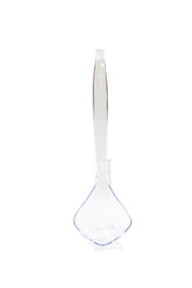 A clear polystyrene spatula with a long handle and a wide, flat, slightly curved blade stands upright on its blade against a plain white background. This spatula is also dishwasher safe for easy cleaning.