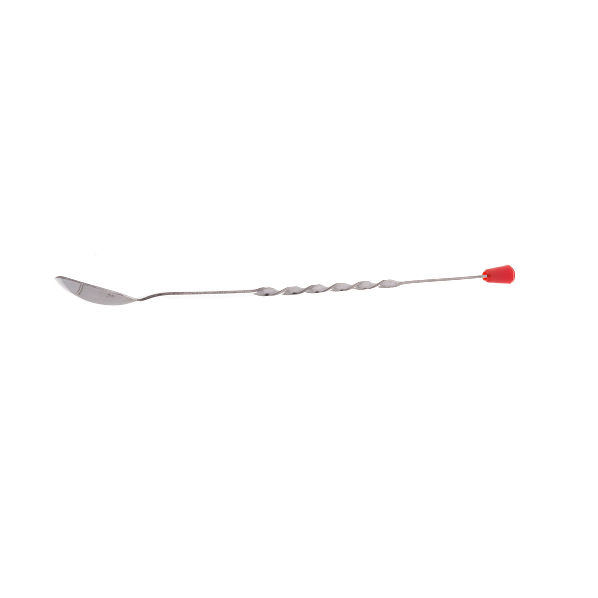 A long, stainless steel bar spoon with a twisted handle, a shallow oval bowl on one end, and a small red rubber tip on the other end, placed on a white background. Dishwasher safe for easy cleanup.