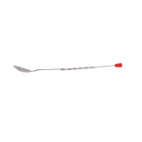 A long, stainless steel bar spoon with a twisted handle, a shallow oval bowl on one end, and a small red rubber tip on the other end, placed on a white background. Dishwasher safe for easy cleanup.