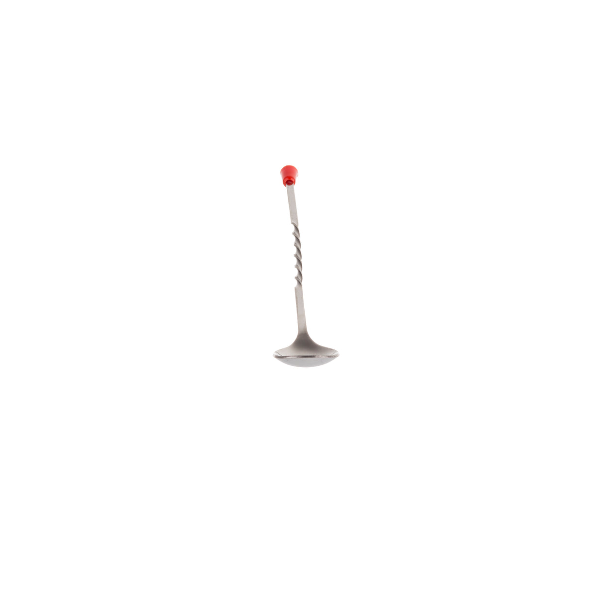 A single stainless steel soup ladle with a twisted handle and a small red knob at the top, centered on a plain white background.