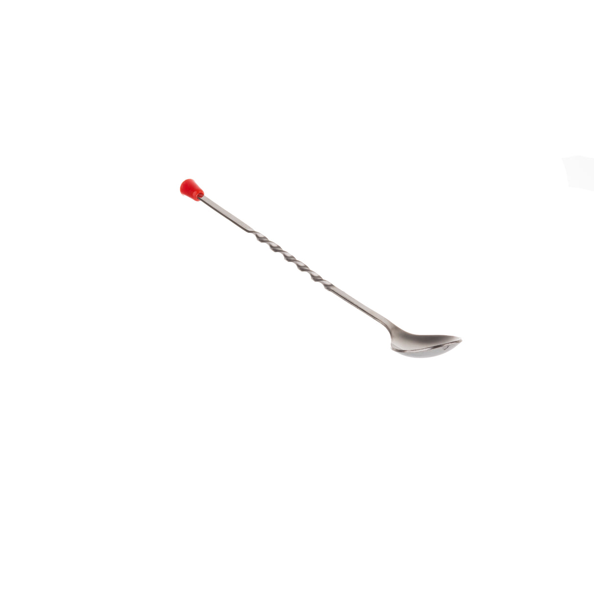A long stainless steel bar spoon with a twisted handle, a red knob at one end, and a shallow round bowl at the other, set against a plain white background; dishwasher safe for easy cleaning.