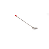 A long stainless steel bar spoon with a twisted handle, a red knob at one end, and a shallow round bowl at the other, set against a plain white background; dishwasher safe for easy cleaning.