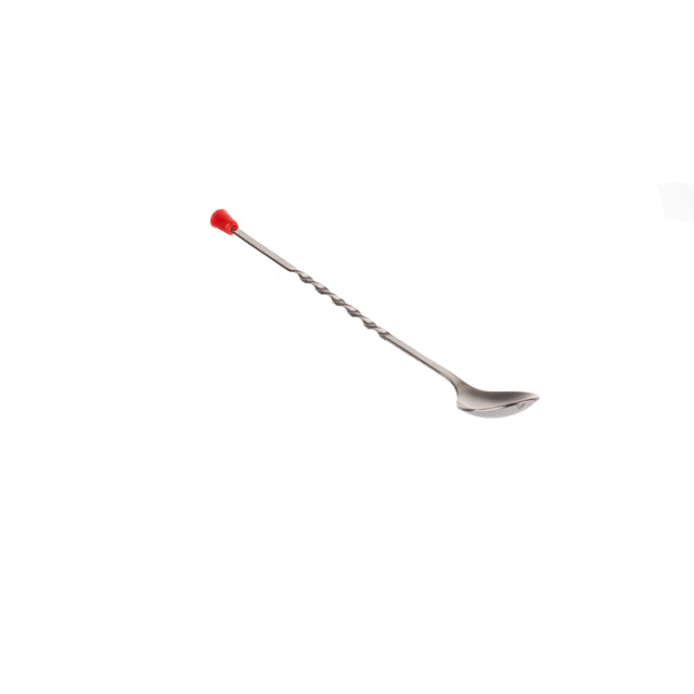 A long stainless steel bar spoon with a twisted handle, a red knob at one end, and a shallow round bowl at the other, set against a plain white background; dishwasher safe for easy cleaning.