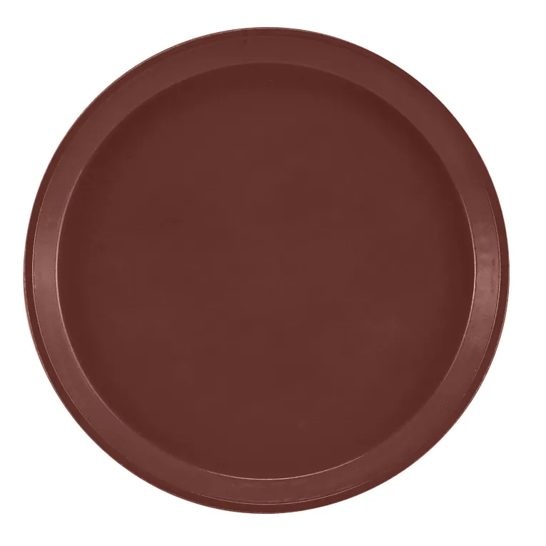 A round, flat fiberglass tray with a reddish-brown color and a slightly raised edge, shown from above against a white background. This NSF Serving Camtray features a smooth, unadorned surface for easy use.
