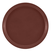 A round, solid brown fiberglass tray with a raised edge is shown from a top-down view. This NSF Serving Camtray features a simple, smooth surface and no visible patterns, giving it a plain, utilitarian appearance.