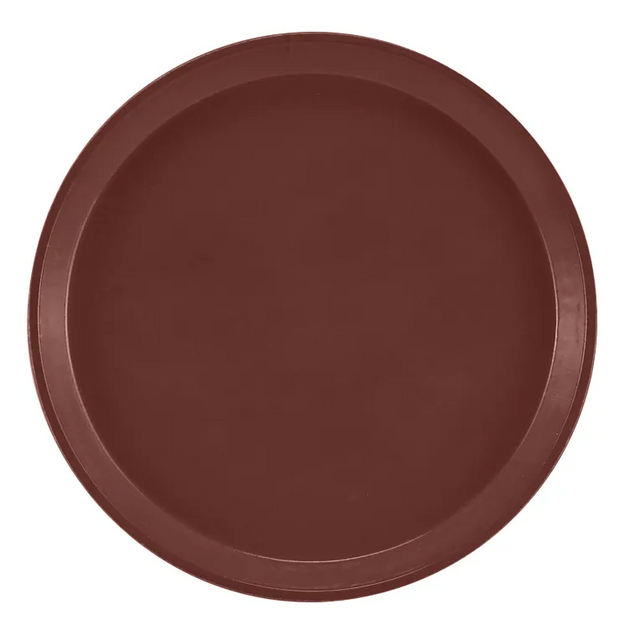A round, flat Serving Camtray in a deep reddish-brown shade is shown from a top-down view. This durable fiberglass tray has a slightly raised rim and smooth surface, with no patterns or handles, and is dishwasher safe for easy cleaning.