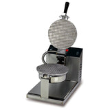 A Giant Waffle Cone Baker with stainless steel construction and a black handle is shown open, revealing two circular, textured griddles. The modern machine sits on a flat metal base, perfect for shaping cones with adjustable electronic controls.