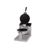 A commercial stainless steel Giant Waffle Cone Baker with a black non-stick coating grid. The top plate is open, revealing the circular waffle pattern. A black handle extends upward, and electronic heat control buttons and a dial are visible on the side.