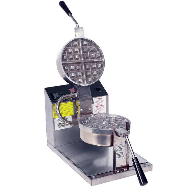 A commercial-grade Belgian Waffle Baker with open, round cast aluminum grids. The waffle plates have a grid pattern, and the appliance features black handles, adjustable electronic controls, and safety instructions on the stainless steel base.