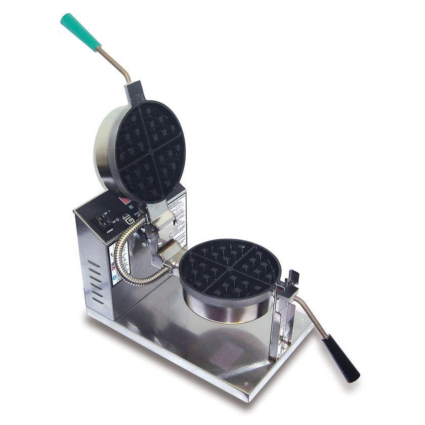 A commercial double-sided Belgian Waffle Baker with a stainless steel body, non-stick coating, two round waffle plates—one open and one closed—green and black handles, adjustable temperature controls, a coiled cord, all on a sturdy metal base.