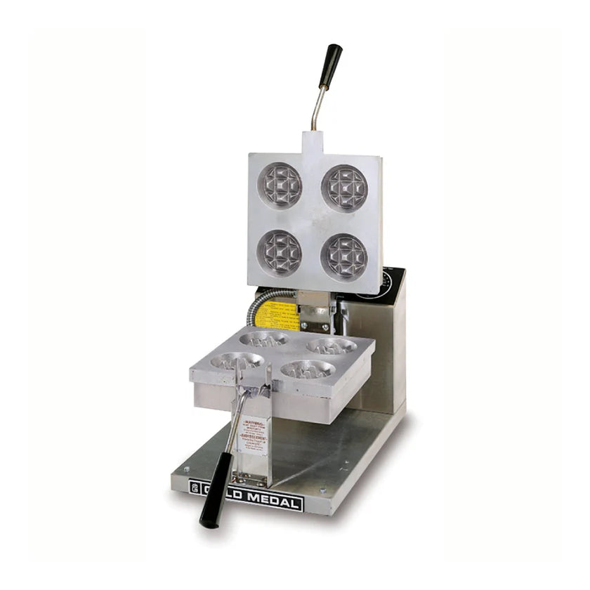 A commercial Belgian Waffle Baker with a silver metal body, black handles, and four circular molds for round waffles. The top plate is raised, revealing the molds inside. An “GOLD MEDAL” label accents the base; includes an adjustable mechanical timer.