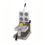 A commercial Belgian Waffle Baker with a silver metal body, black handles, and four circular molds for round waffles. The top plate is raised, revealing the molds inside. An “GOLD MEDAL” label accents the base; includes an adjustable mechanical timer.