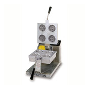 A commercial Belgian Waffle Baker with a silver metal body, black handles, and four circular molds for round waffles. The top plate is raised, revealing the molds inside. An “GOLD MEDAL” label accents the base; includes an adjustable mechanical timer.