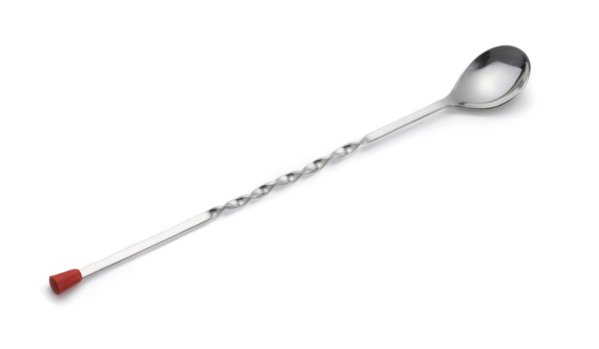A 12 inch stainless steel bar spoon with a twisted handle, a small round bowl on one end, and a red rubber tip on the other, set against a white background.