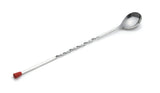 A 12 inch stainless steel bar spoon with a twisted handle, a small round bowl on one end, and a red rubber tip on the other, set against a white background.