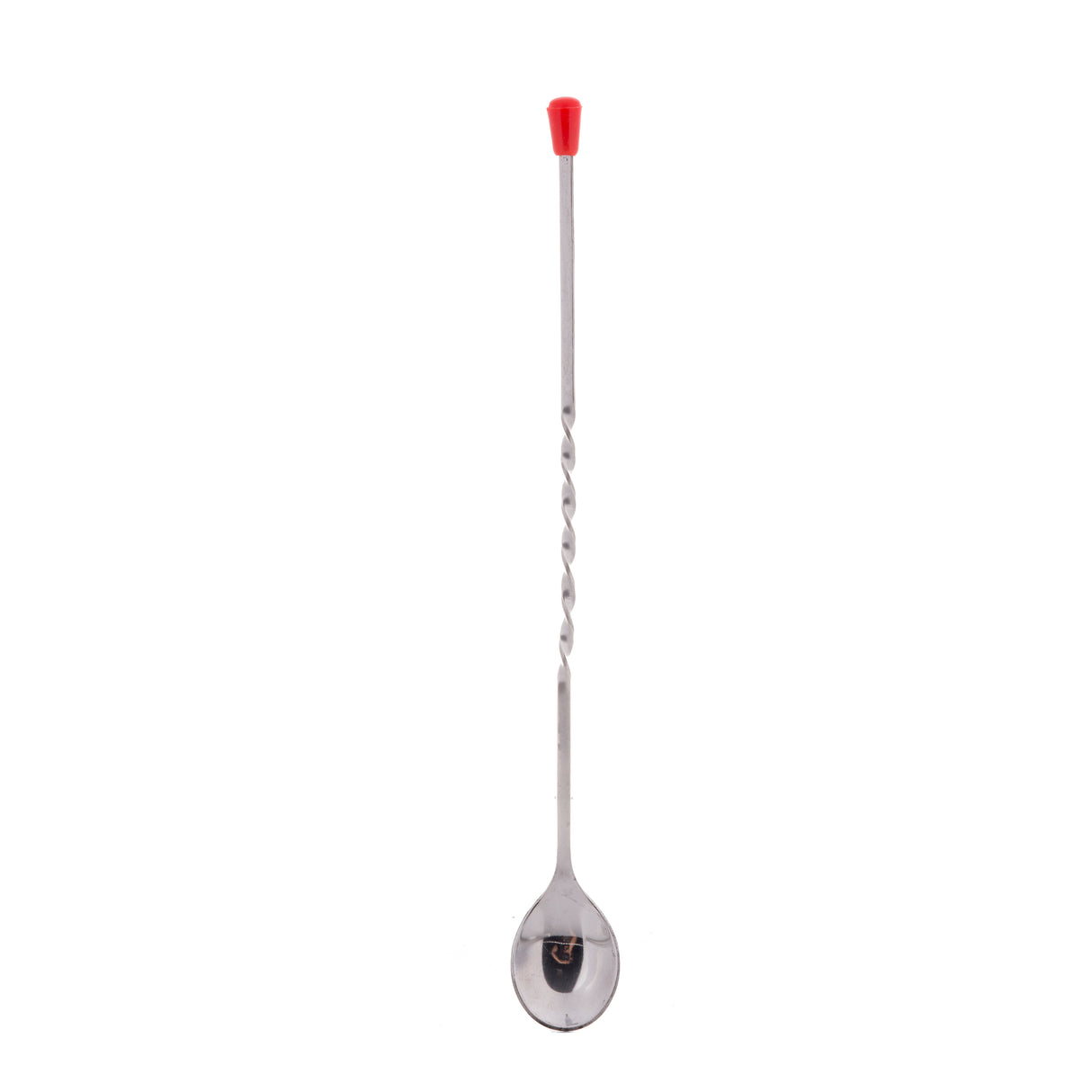 A 12 inch stainless steel bar spoon with a twisted handle, a round spoon bowl at one end, and a small red knob at the opposite end, shown vertically on a white background.