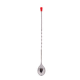 A 12 inch stainless steel bar spoon with a twisted handle, a round spoon bowl at one end, and a small red knob at the opposite end, shown vertically on a white background.