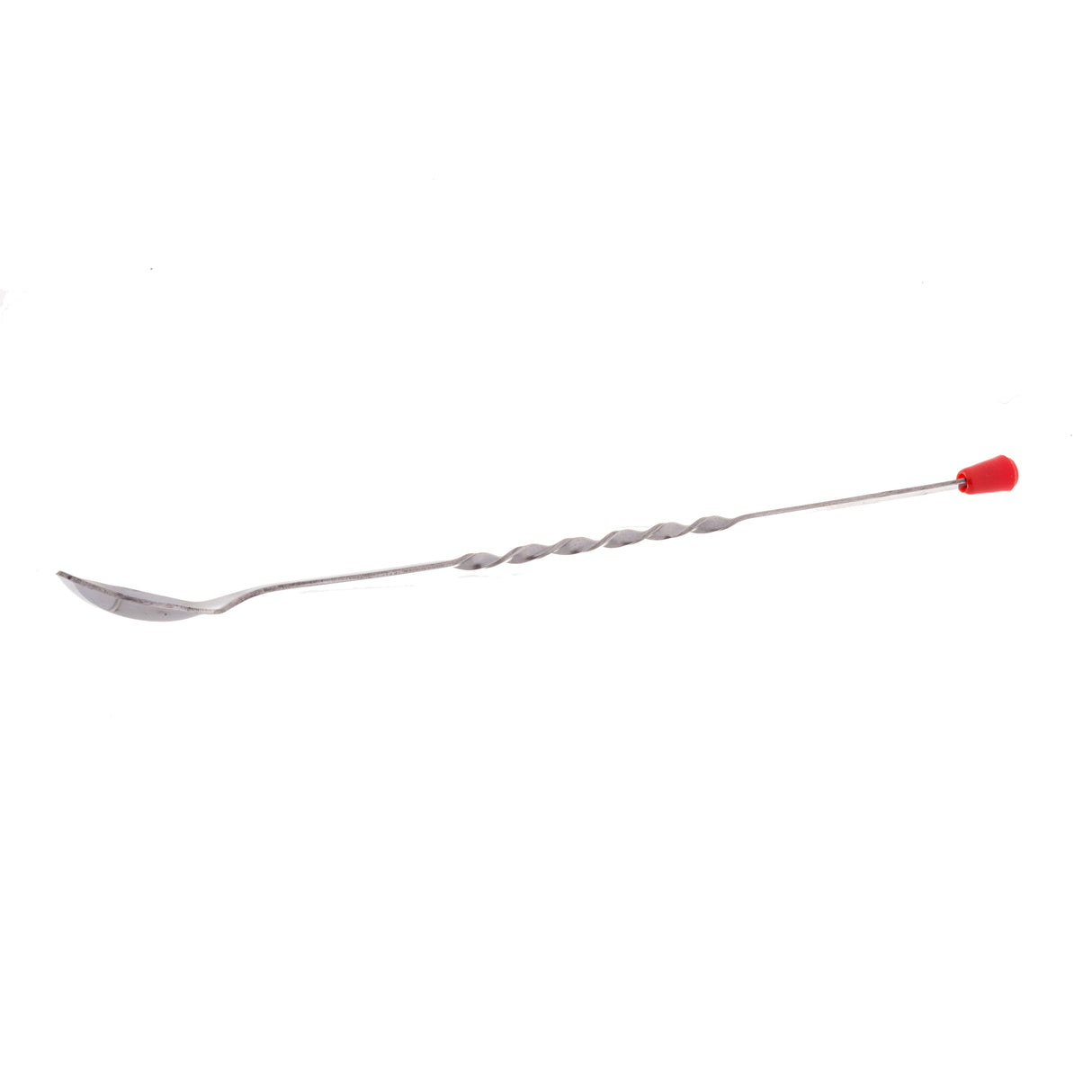 A 12 inch stainless steel bar spoon with a twisted handle, a flat round spoon end, and a small red rubber cap on the opposite end, shown against a plain white background.