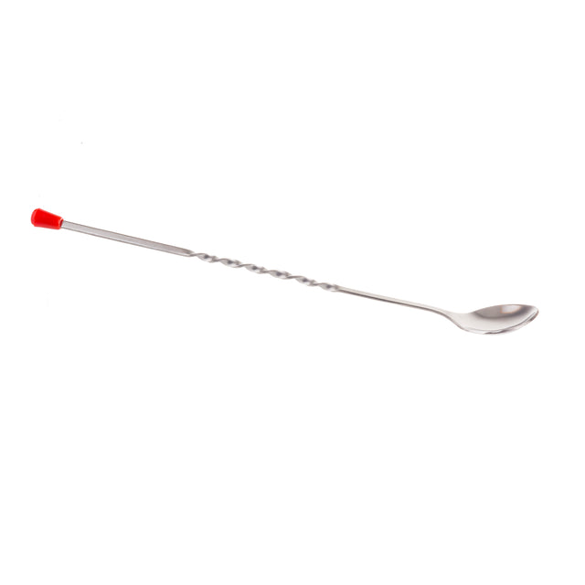 A 12 inch stainless steel bar spoon with a twisted handle is shown on a white background. It features a small bowl at one end and a red cap at the other, perfect for mixing cocktails or stirring drinks.