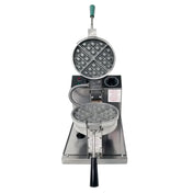 A Belgian Waffle Baker with stainless steel construction features two round, nonstick waffle plates that open vertically, a temperature control dial, indicator light, metal handles, and a coiled power cable attached to the side.