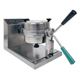 A stainless steel Belgian Waffle Baker with a cylindrical cooking chamber, removable grid, handle with green grip, control panel with buttons and indicator lights, and a sturdy metal base, shown against a white background.