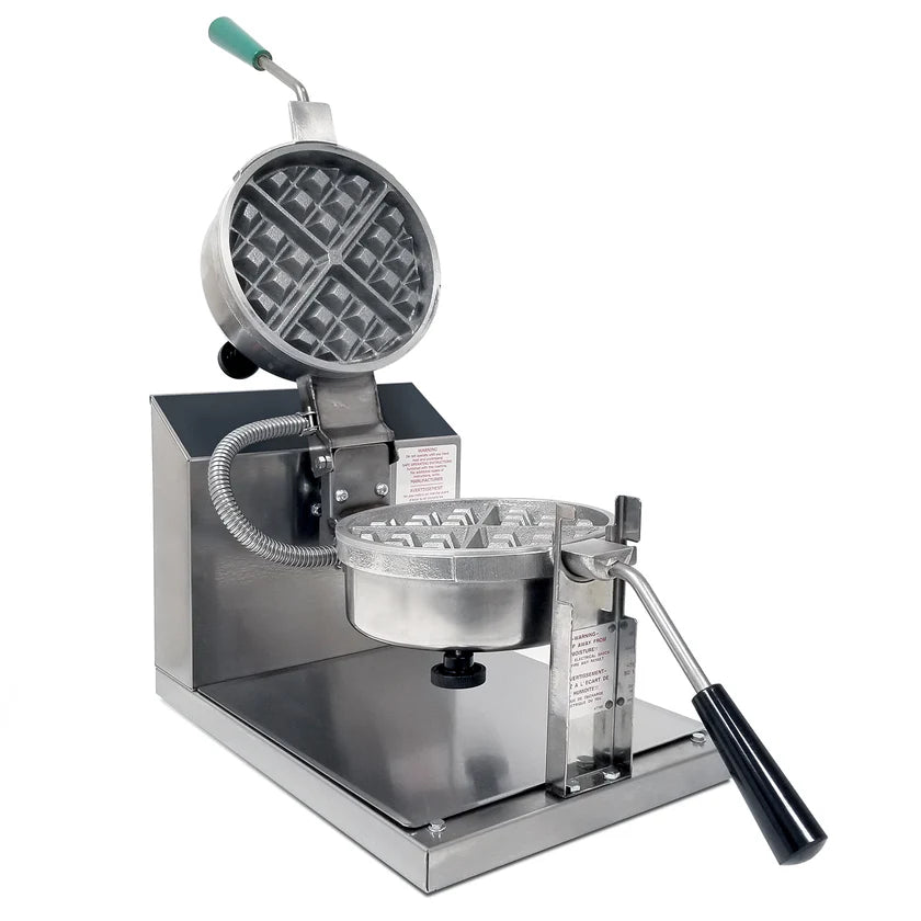 A stainless steel Belgian Waffle Baker with a round, gridded cooking plate on top and bottom. The top plate is open, revealing the removable grid pattern. Features black and green handles, a control panel, and a sturdy base.
