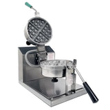 A stainless steel Belgian Waffle Baker with a round, gridded cooking plate on top and bottom. The top plate is open, revealing the removable grid pattern. Features black and green handles, a control panel, and a sturdy base.