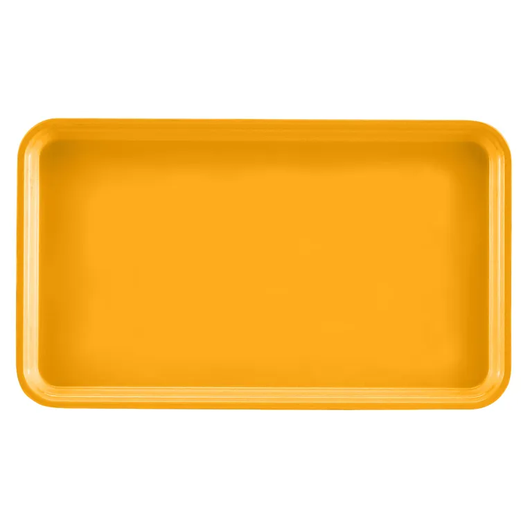 A rectangular Camtray with smoothly rounded edges, shown from a top-down view. The solid, bright yellow-orange tray has slightly raised sides and is dishwasher safe. The background is plain and light gray.