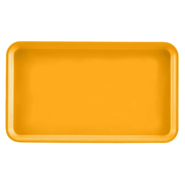 A rectangular Camtray with smoothly rounded edges, shown from a top-down view. The solid, bright yellow-orange tray has slightly raised sides and is dishwasher safe. The background is plain and light gray.