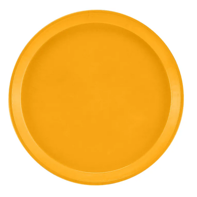 A round, flat Serving Camtray with a raised edge is shown from above. The solid yellow-orange fiberglass tray features a smooth, glossy surface. Its dishwasher safe design stands out against the plain white background.